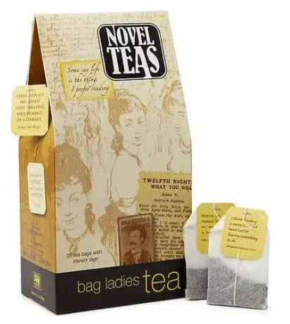 Package of tea bags called Novel Teas with book quotes attached to the tea bags