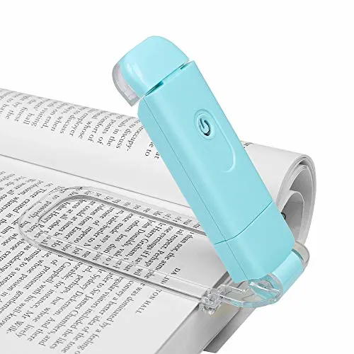 Small blue book light that clips over the page