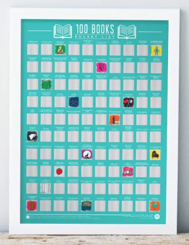 Teal poster featuring 100 classic book covers with silver scratch=off material covering each 