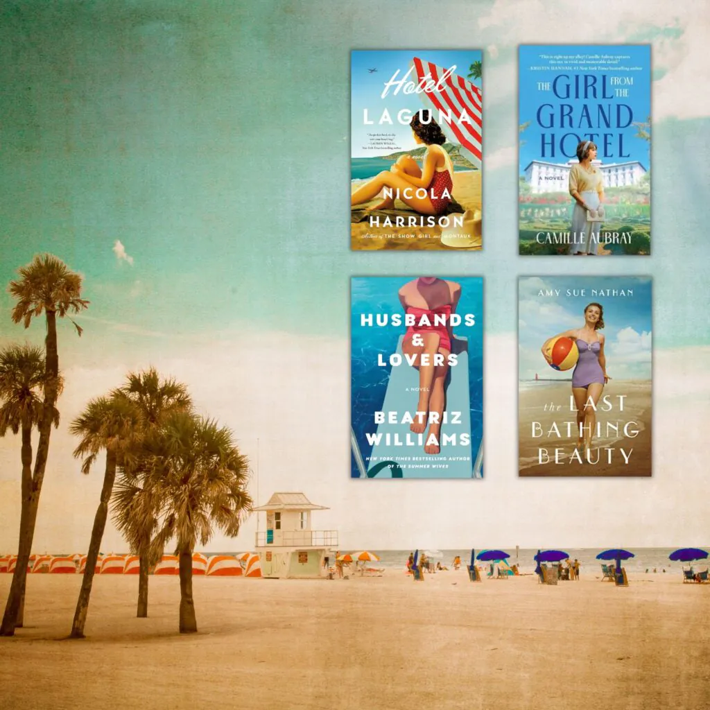 Summer beach scene with 4 book covers