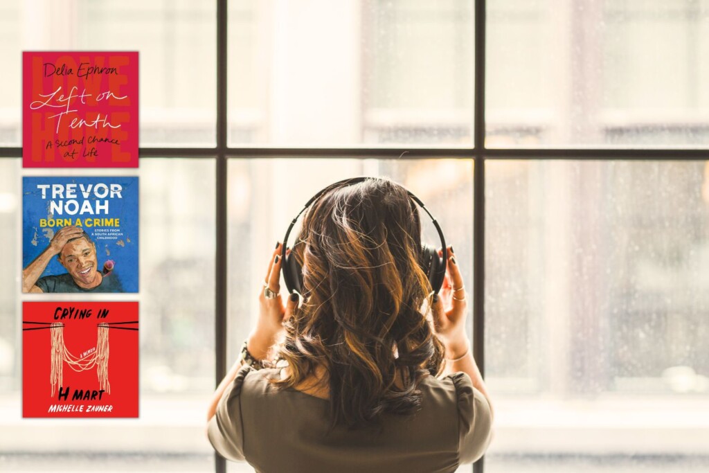 Woman wearing headphones looking out window from behind with 3 book covers