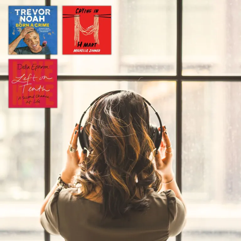 Woman wearing headphones looking out window from behind with 3 book covers