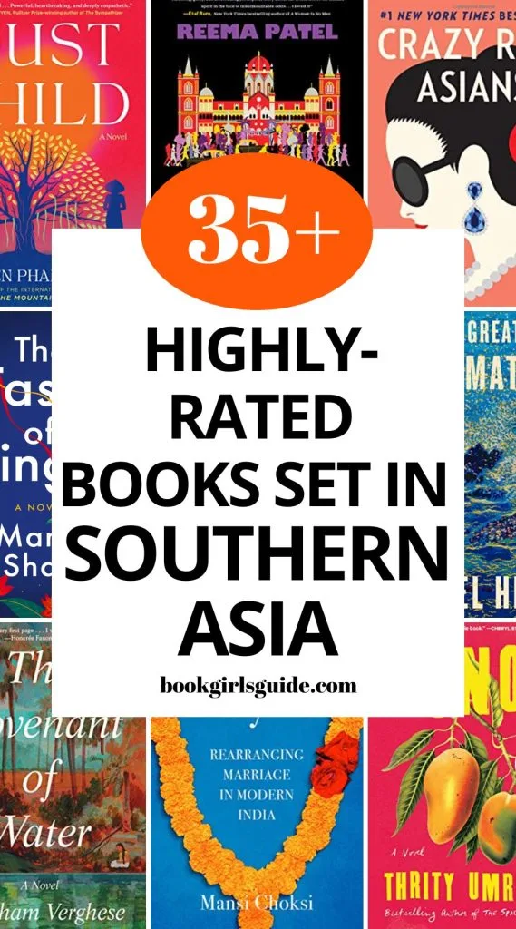 Eight book covers with text overlay that says 35 for highly-rated books set in Southern Asia