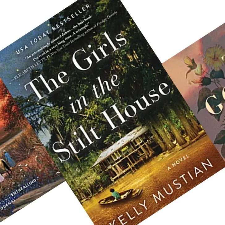 Three tilted book covers with The Girls in the Stilt House in the center