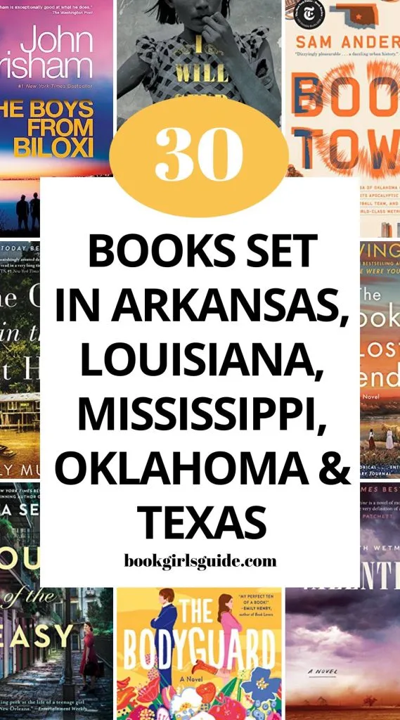 Eight book covers with text overlay that reads 30 books set in Arkansas, Louisiana, Mississippi, Oklahoma, and Texas