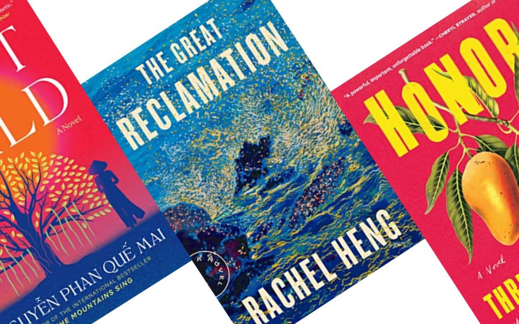 Three angled book covers in shades of red and blue. The Dust Child, The Great Reclamation, and Honor