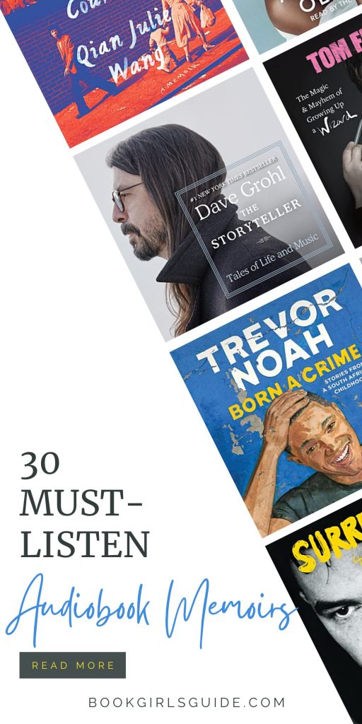 Square images of multiple audiobook book covers angled across the right half of the image. Text in the bottom left corner reads 30 Must-Listen Audiobook Memoirs
