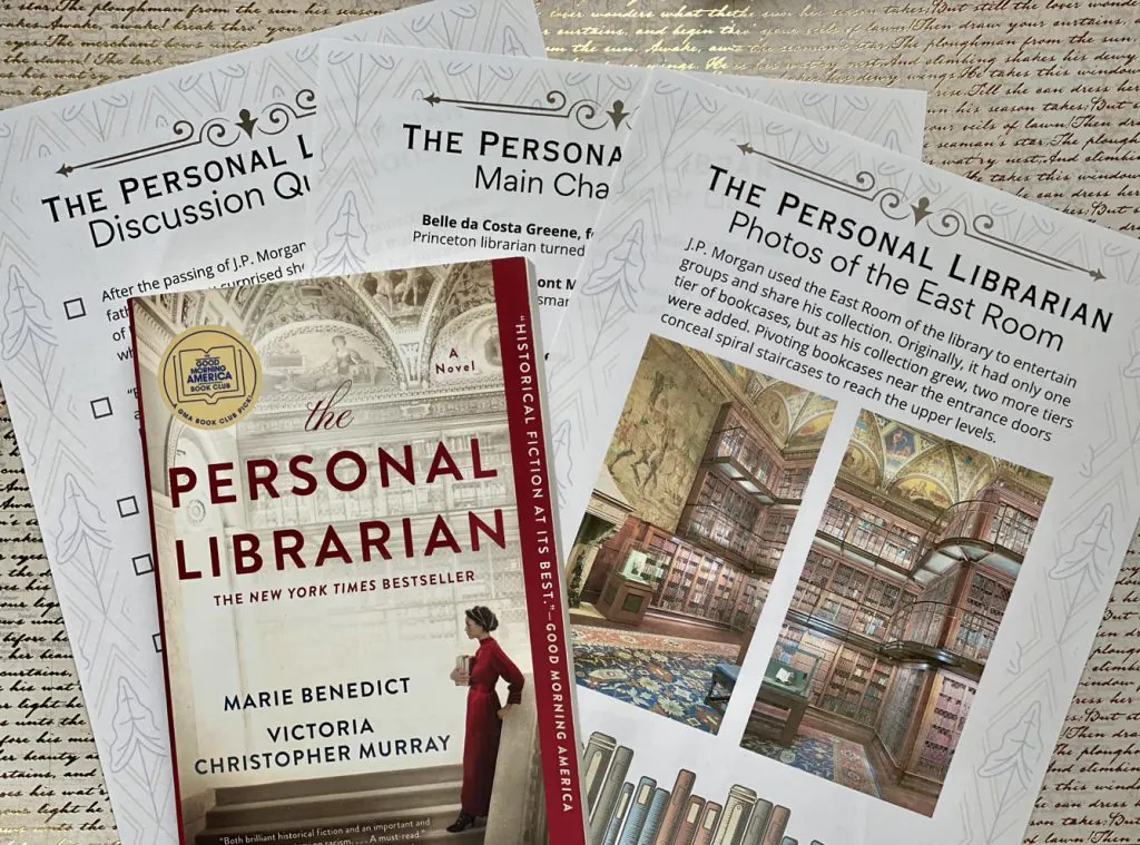 Three pages from the printable version of The Personal Librarian book club guide with a copy of the book