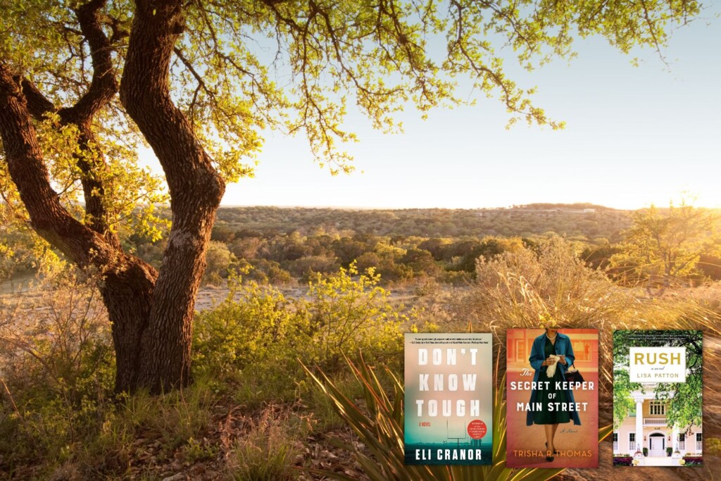 Photo of greenery in the Texas Hill Country overlaid with covers of three books set in the South Central United States