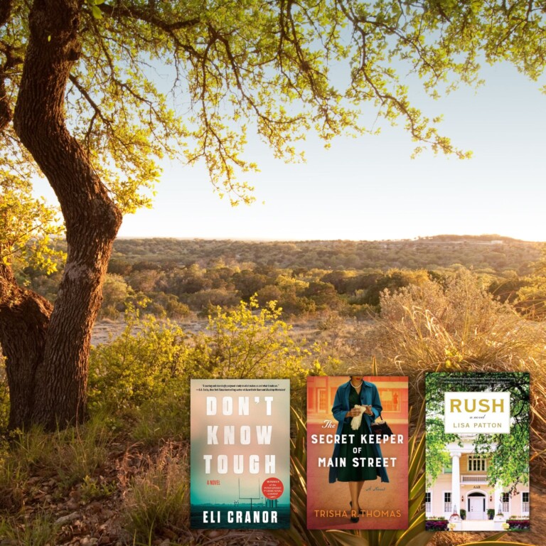 Photo of greenery in the Texas Hill Country overlaid with covers of three books set in the South Central United States