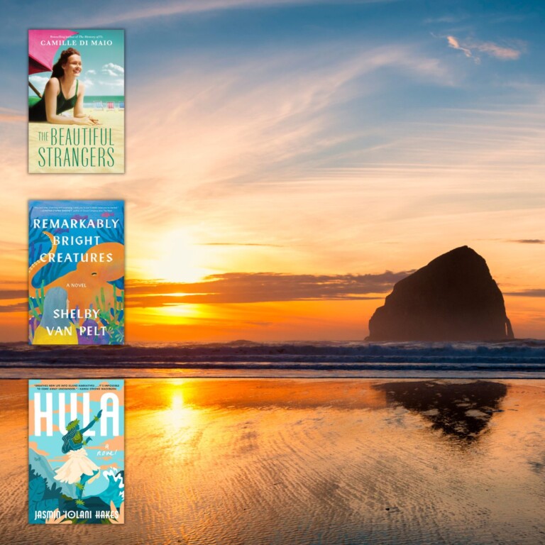 Photo of US Pacific coastline overlaid with three book covers
