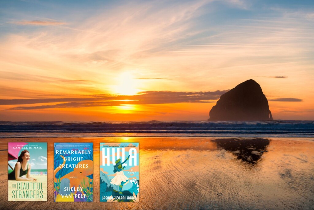 Photo of US Pacific coastline overlaid with three book covers