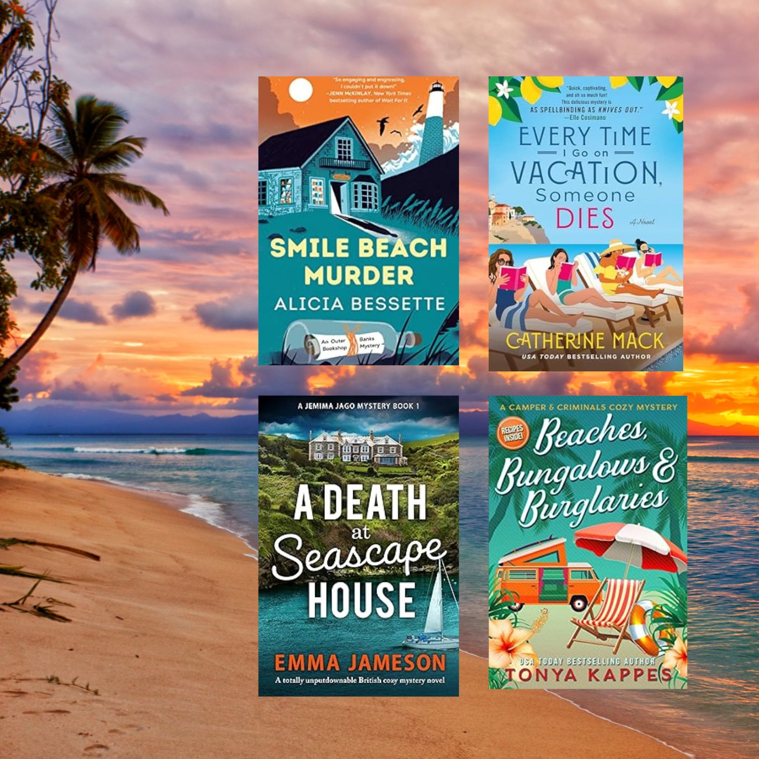 Beach sunset with four book covers of summer cozy mysteries