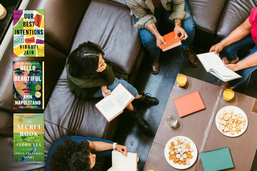 Overhead photo of book club members sitting on a couch having a discussion. Three book covers overlaying the photo along the left side of the image.