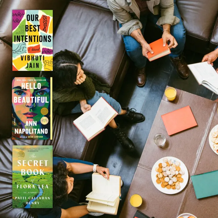 Overhead photo of book club members sitting on a couch having a discussion. Three book covers overlaying the photo along the left side of the image.