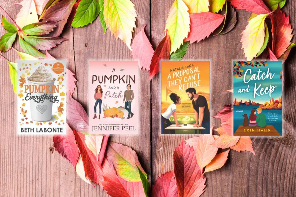 Red, Yellow and Green Fall leaves forming the shape of a heart with fourt book covers of fall romance books