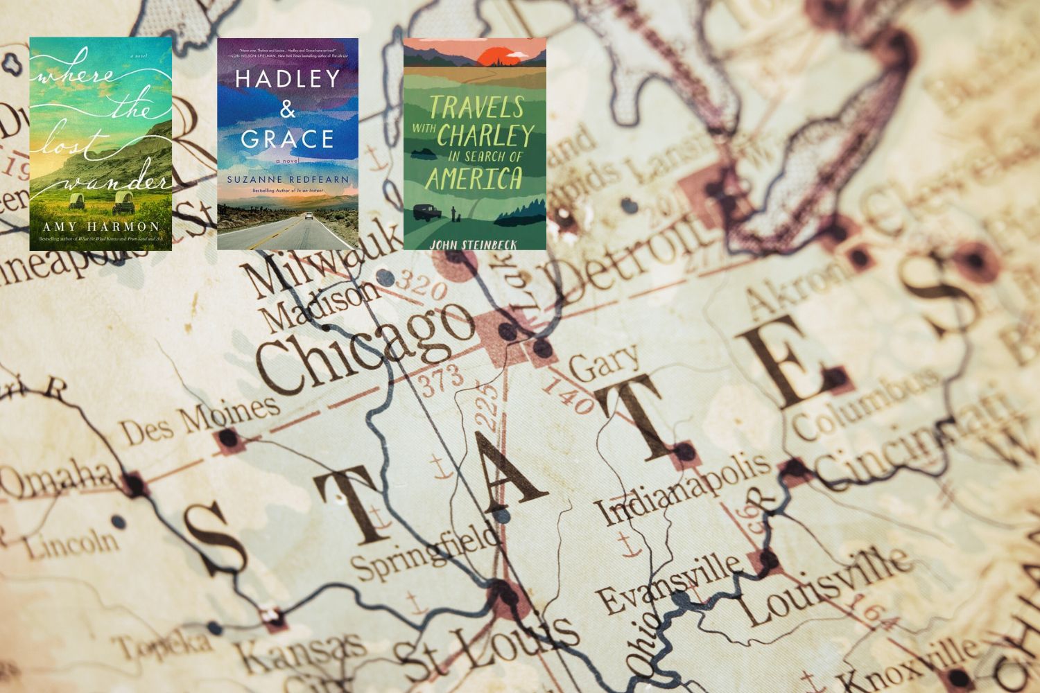 Sepia-toned map of the US with the cover of three books about traveling across America in the top left corner