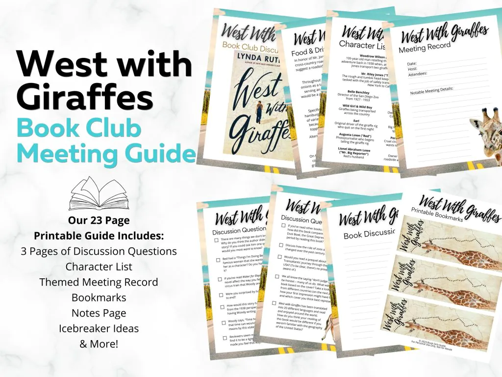 Etsy listing graphic showing 8 of the printed pages that are included in the printable version of the West With Giraffes Book Club Kit