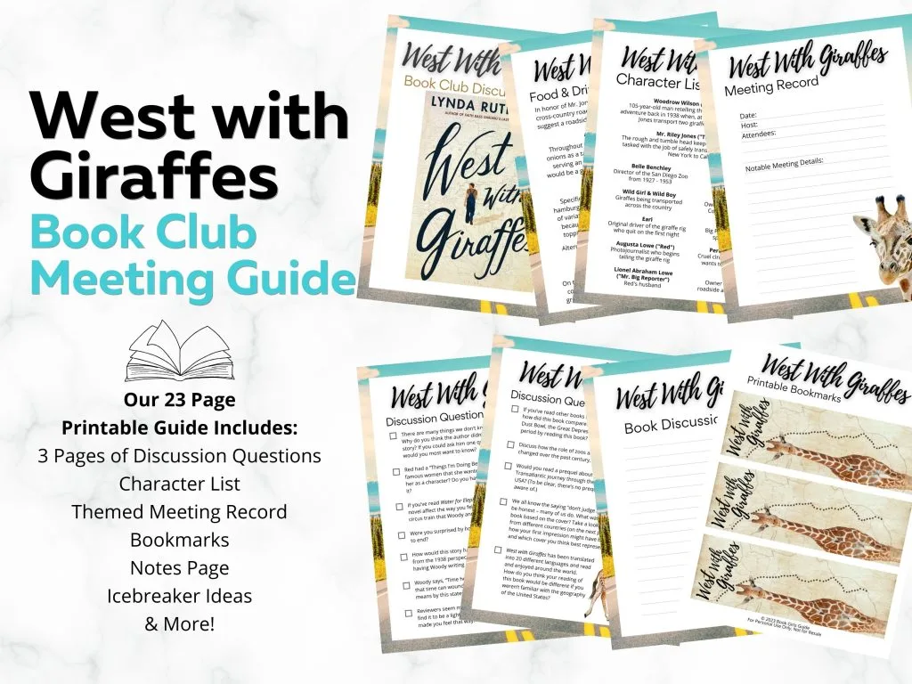 Etsy listing graphic showing 8 of the printed pages that are included in the printable version of the West With Giraffes Book Club Kit