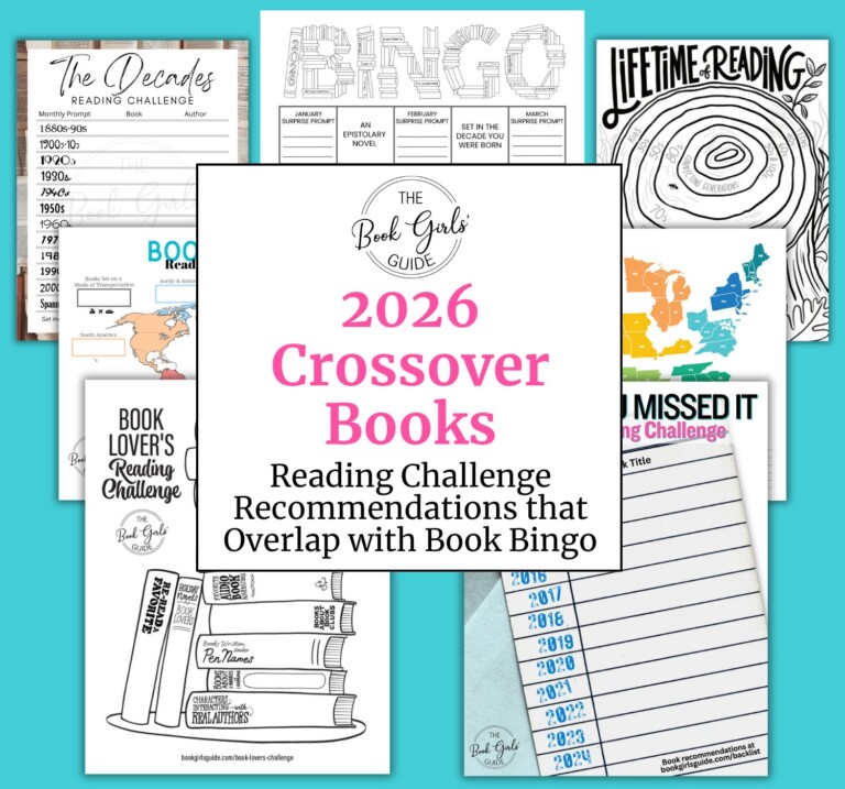 Flatlay of all 7 Book Girls Guide Reading Challenges with a text box on top that reads 2026 Crossover Books