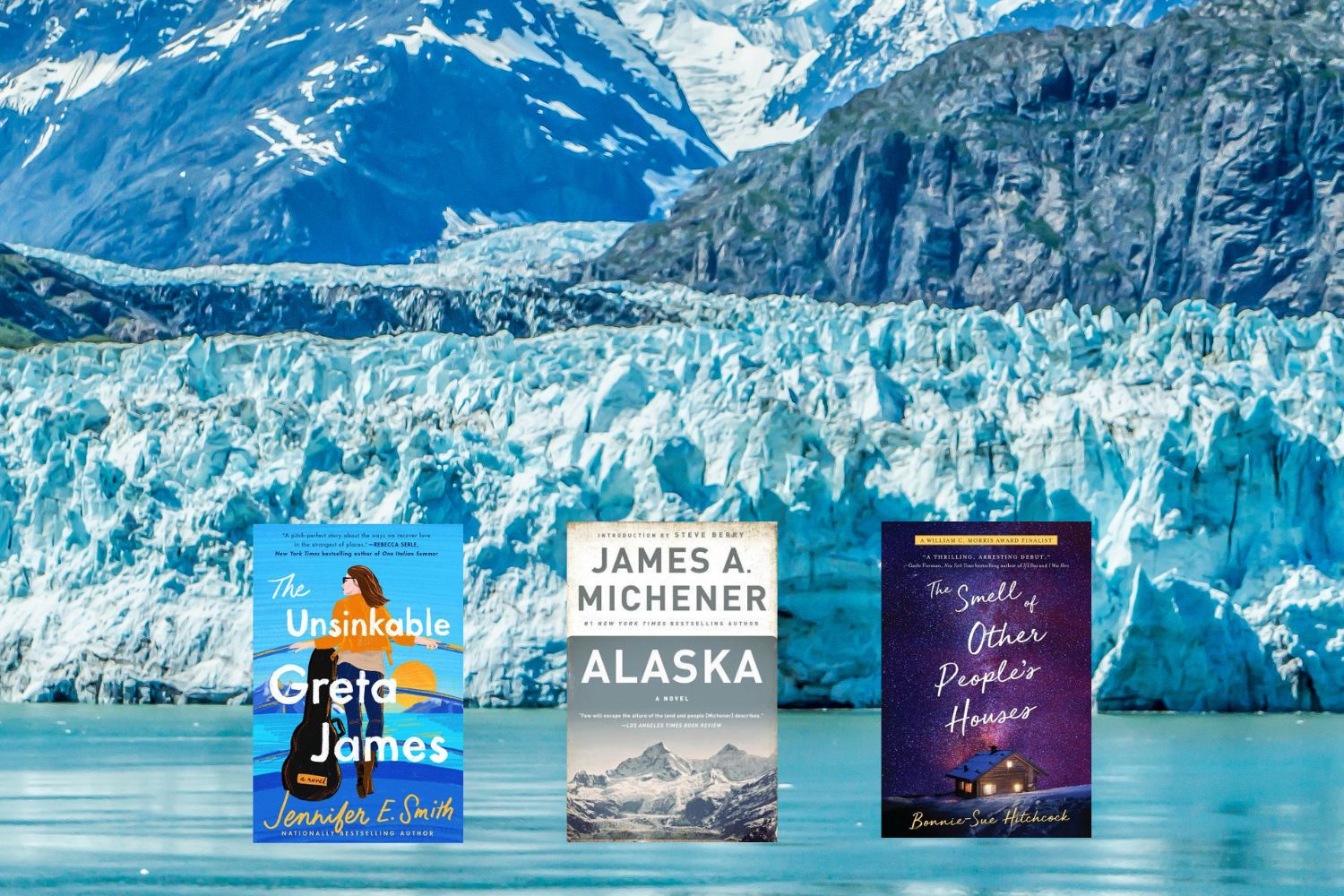 Alaska water and mountains overlay with three books