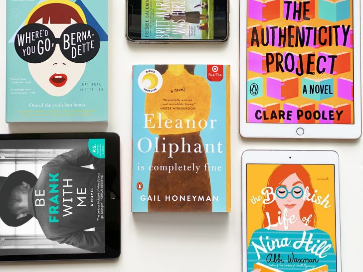 Photo of books in hardback, Kindle, and audiobook form shown from above to representing Books Like Eleanor Oliphant is Completely Fine (which is in the middle)