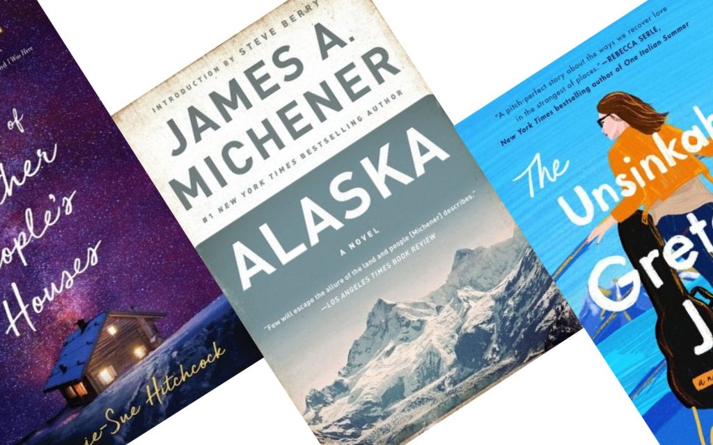 Three tilted book covers representing books set in Alaska