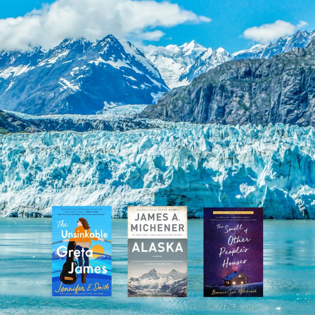 Alaska water and mountains overlay with three books