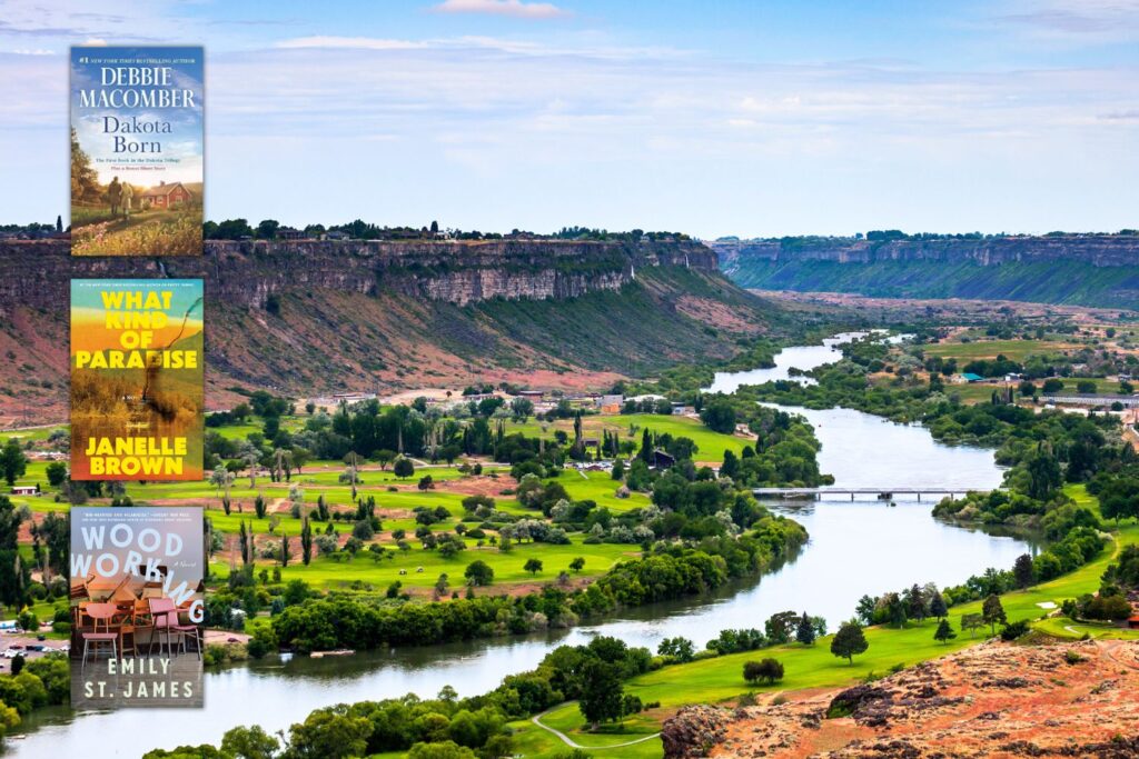 Photo of a river winding through Idaho overlaid with covers of three books set in the Northern Plains & Northern Mountain States