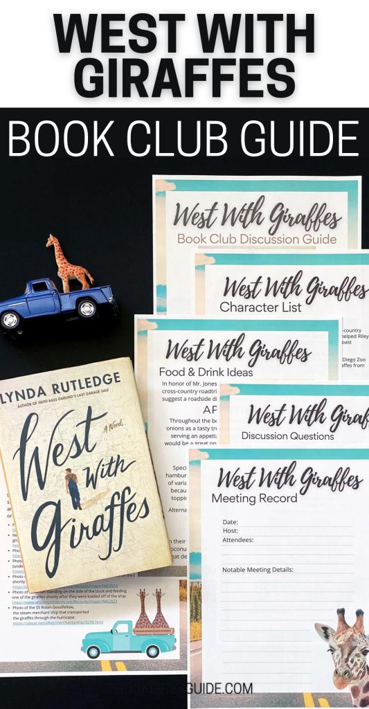 West with Giraffe Book next to printouts from the book club guide