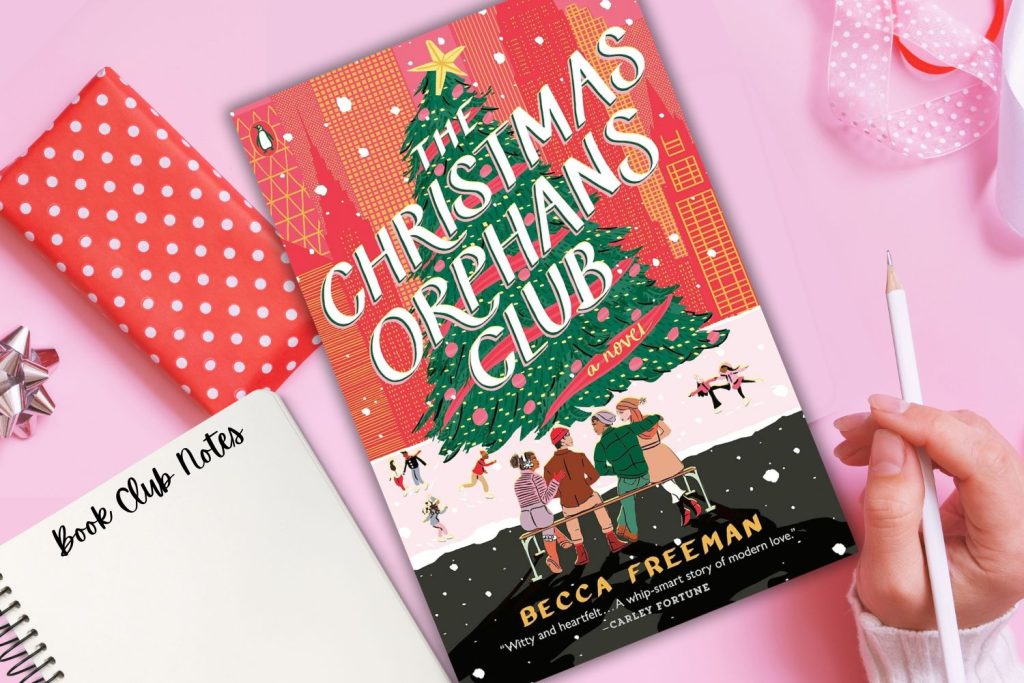 The Christmas Orphan's Club Book Cover with Book Club Notes paper and pink background