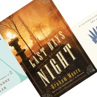 Three angled book covers with Last Days of Night in the center