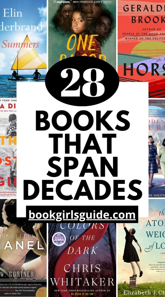 Eight book covers in the background with a text overlay that says 28 Books that Span Decades