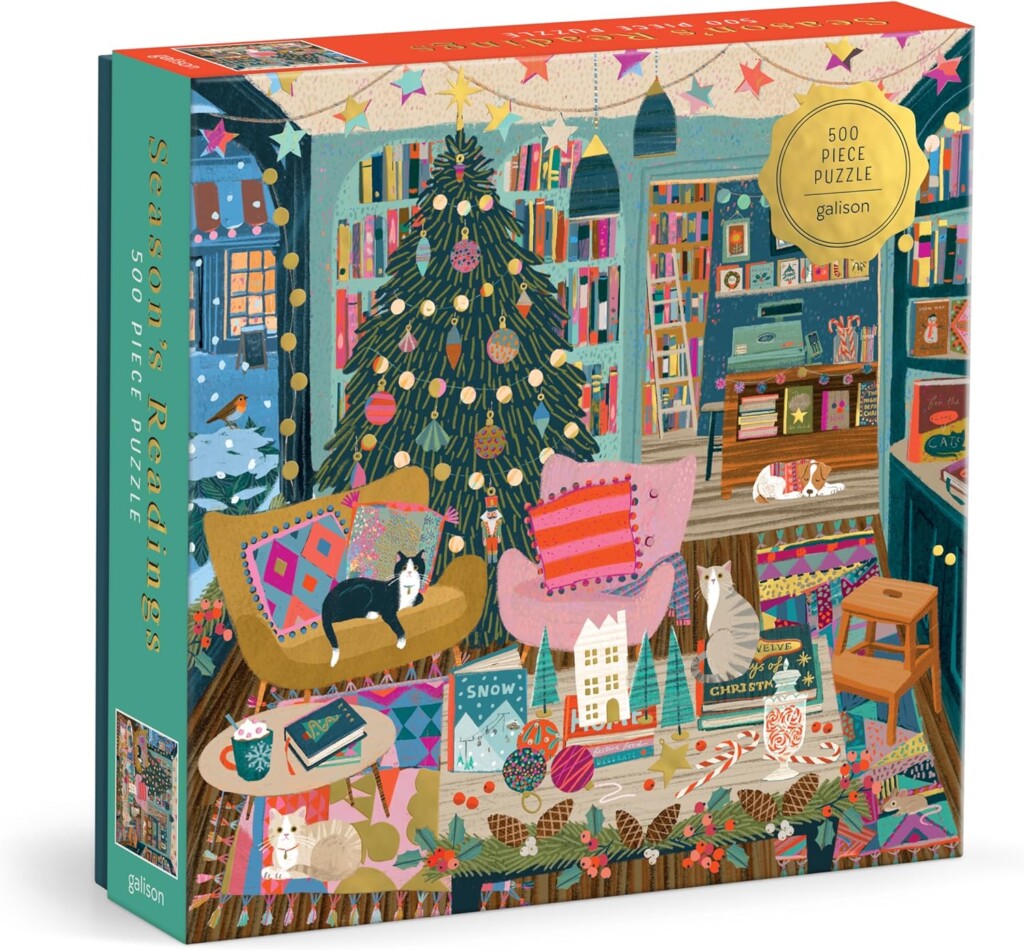 Puzzle box showing christmas tree in a cozy, colorful bookshop