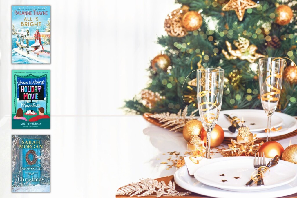 Christmas tree behind table to two place settings and three Christmas Rom Com / Romance Novels 