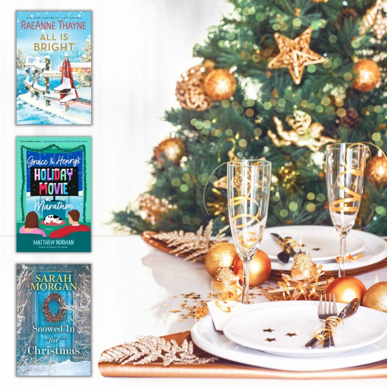 Christmas tree behind table to two place settings and three Christmas Rom Com / Romance Novels