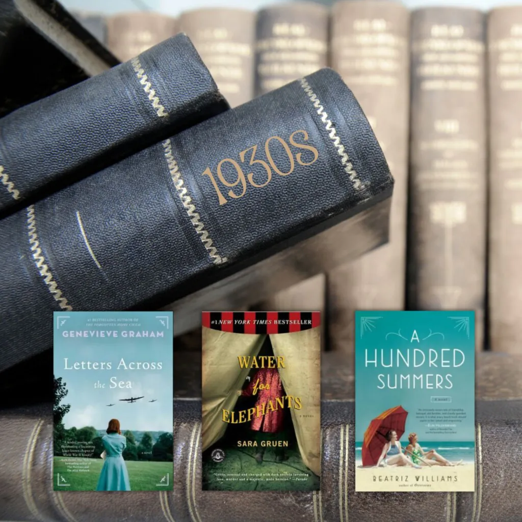 Stack of old books in the background with three historical fiction book covers in the front