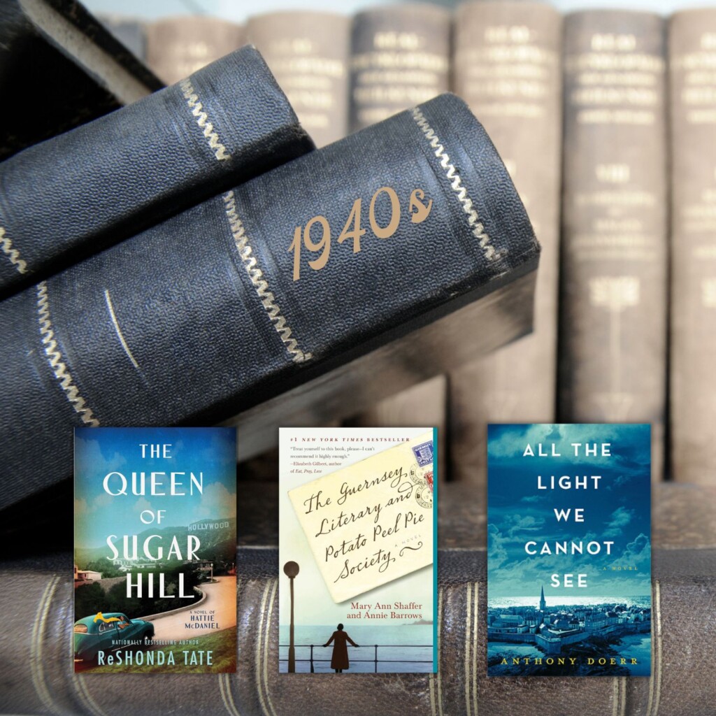 Stack of old books in the background with three historical fiction book covers in the front