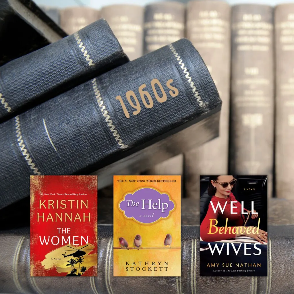 Stack of old books in the background with three historical fiction book covers in the front