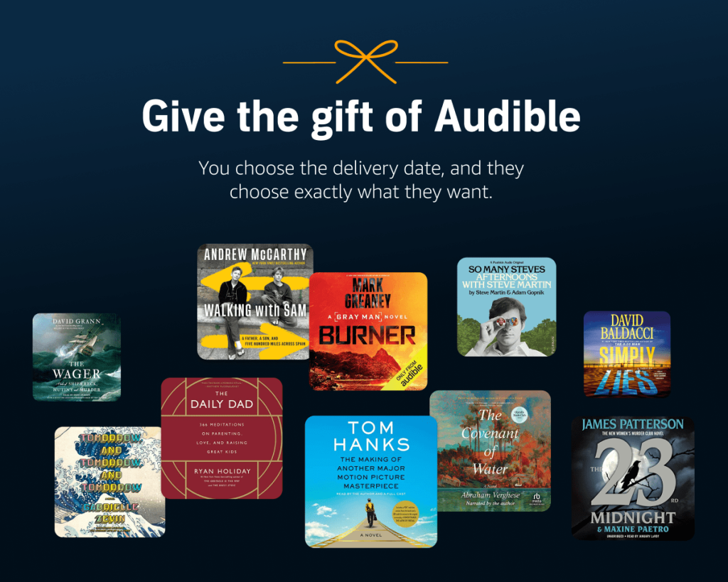 Ad image with numerous audiobook covers against a dark blue background with the Audible logo and the words "Give the Gift of Audible"