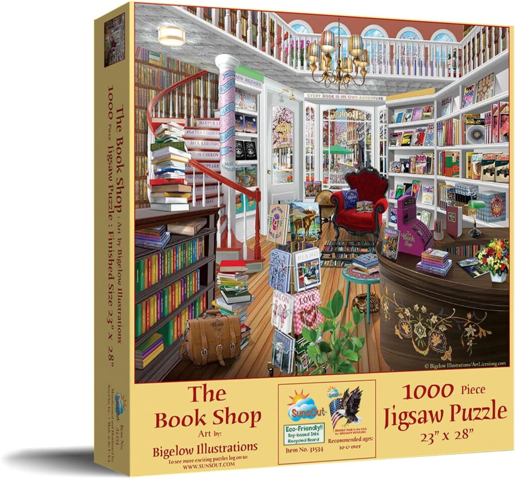 Charming two story book shop interior on a puzzle box