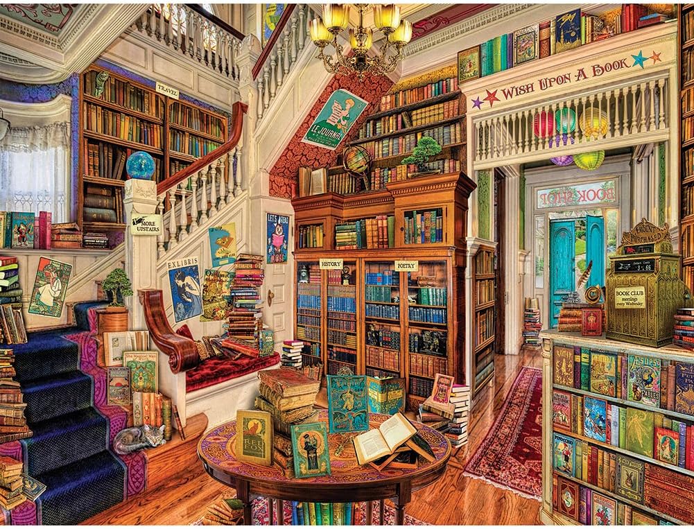Cozy bookshop interior illustration on puzzle