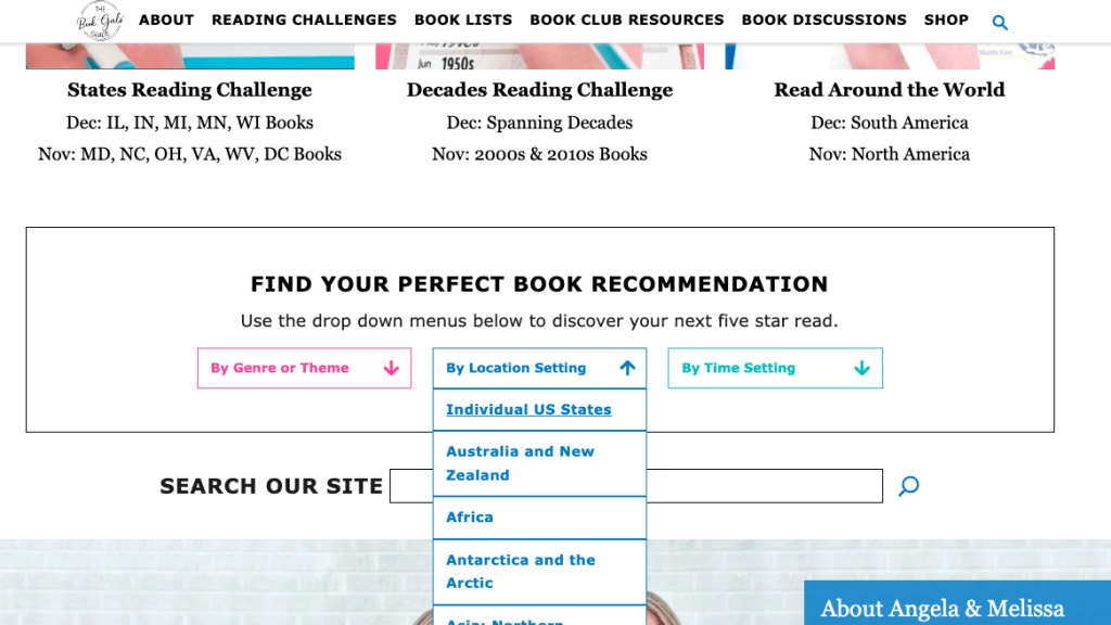 Screenshot of the Find Your Perfect Booklist feature from the Book Girls' Guide homepage