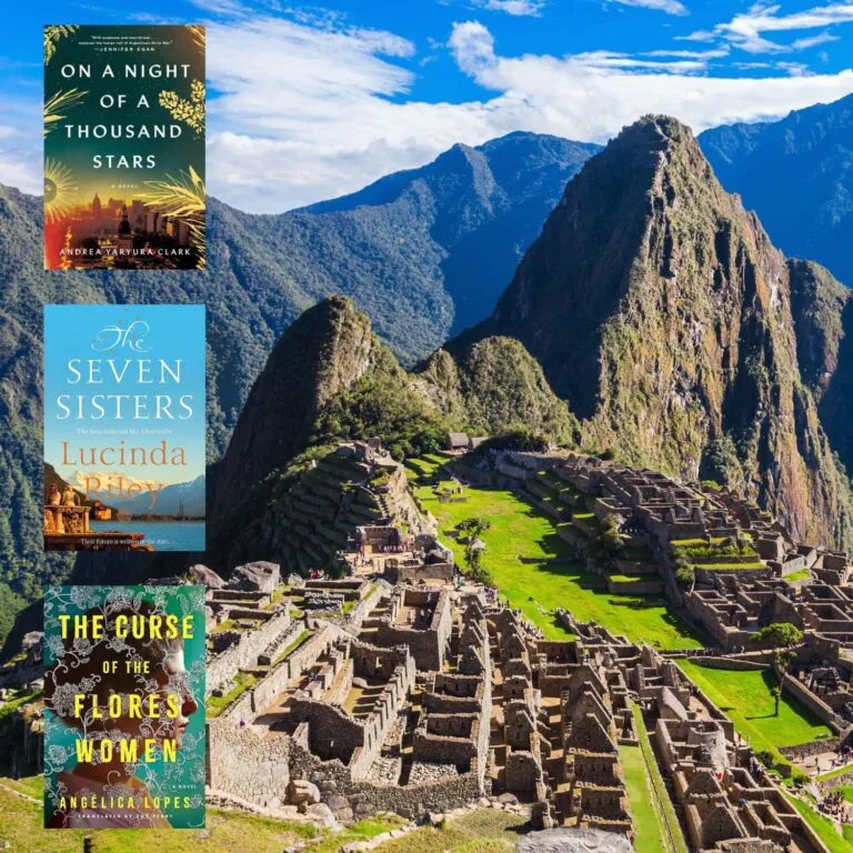 Photo of Machu Picchu with the covers of three books set in South America