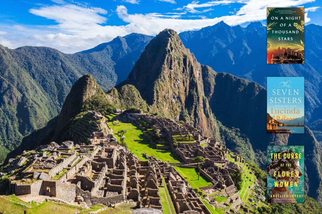 Photo of Machu Picchu with the covers of three books set in South America