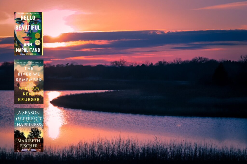 Photo of a pink and orange midwest sunset reflected in a Great Lake with covers of three books set in the Upper Midwest