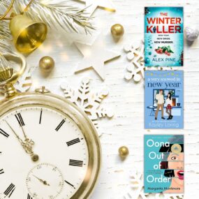 An old fashioned clock on a white wood background with snowflakes and three book covers of books set on New Year's Eve