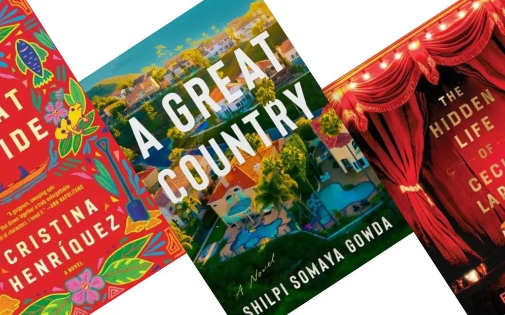 Three tilted book covers with A Great Country in the Center