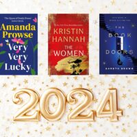 Three books, Very Very Lucky, The Women, and Book of Doors over gold 2024 balloons