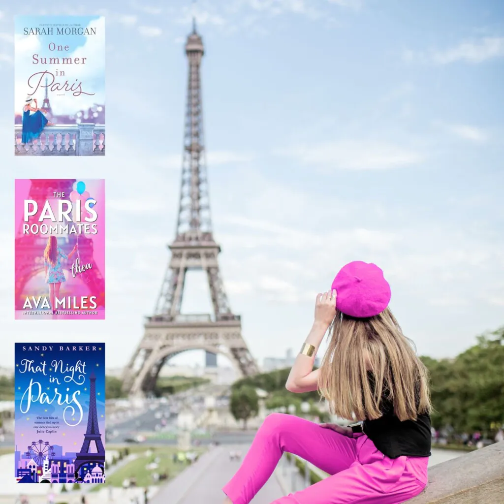 Photo of a firl in a pink beret looking at the Eiffel Tower with the covers of three books for fans of Emily in Paris along the left side of the image
